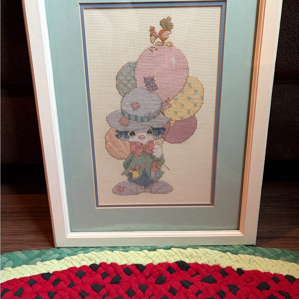 Pastel Clown Balloon Cross Stitch Wall Art - Framed